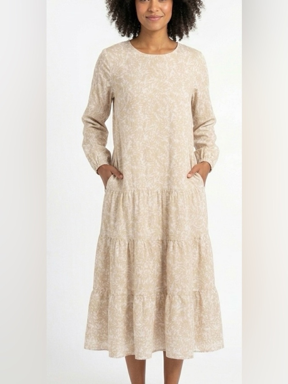 Grade & Gather NWT Neutral Botanical Tiered Midi Dress Sz Large Pockets